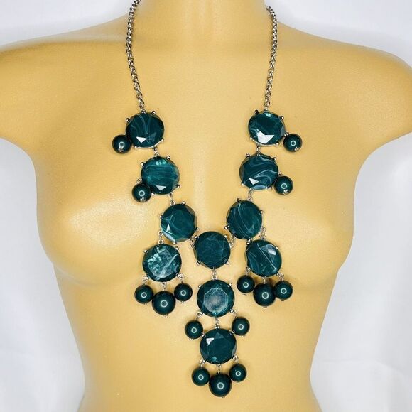 Statement Green Marble Necklace Acrylic Dangle Cabochons Beads Silver Bib 4751 - Picture 1 of 12